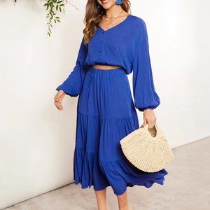 Blue Preppy Womens Bishop Sleeve Crop Top & Ruffle Hem Skirt coord set